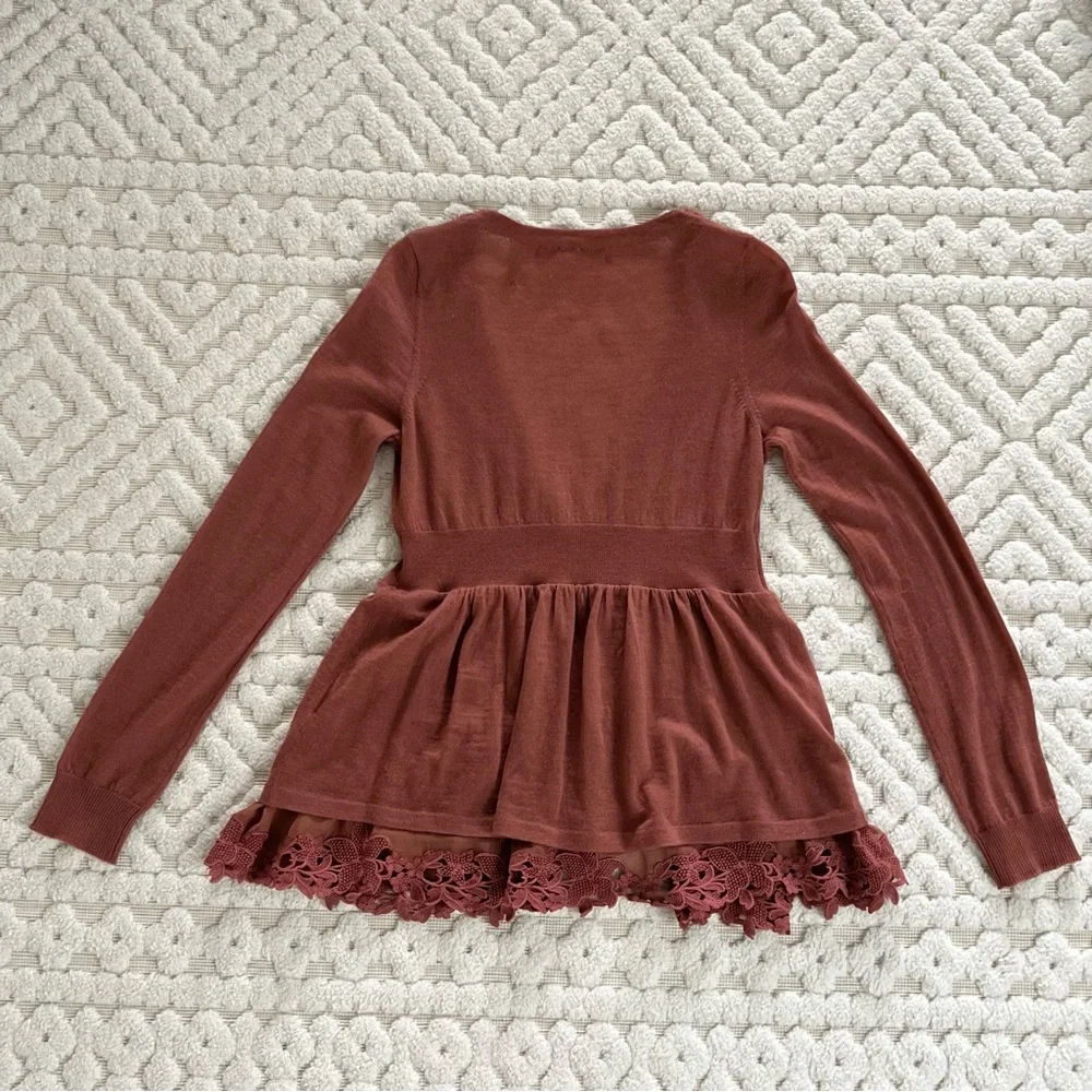 Anthropologie Moth Rust Ruffle Lace Trim Empire Waist Cardigan Medium